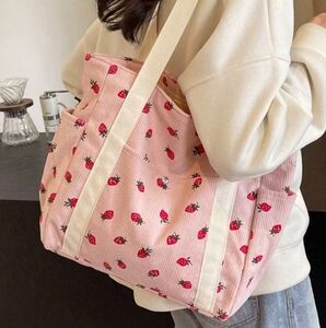 Strawberry Print Corderoy Shoulder Bag Top Zip Tote Pink